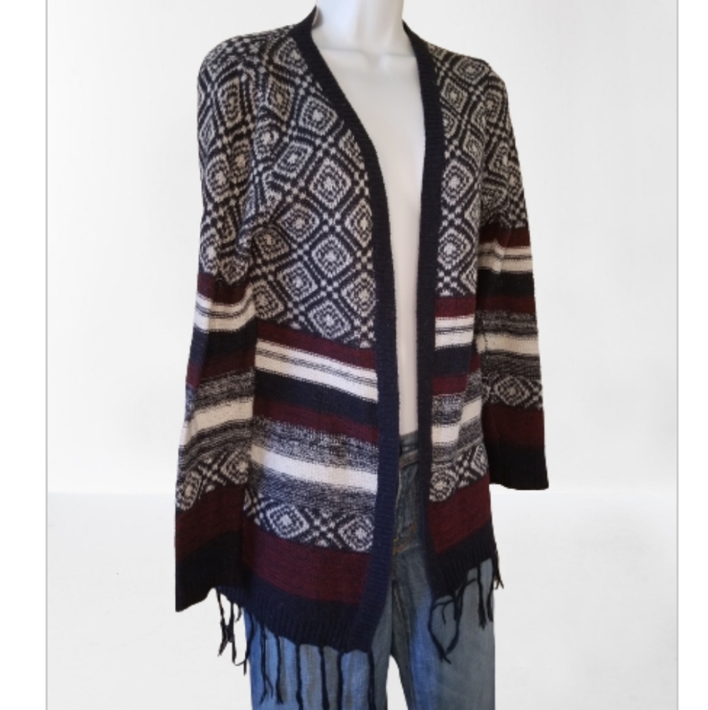 Woven Heart open cardigan with fringe, sz S